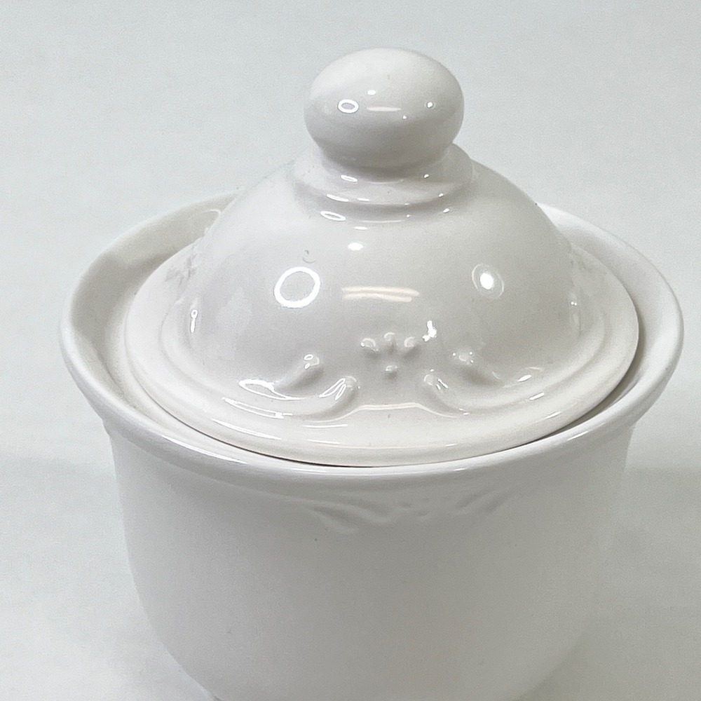 Pfaltzgraff Filigree White Stoneware Sugar Bowl with Lid and Creamer Pitcher Set - Picture 10 of 15